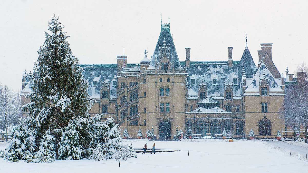 a front view of biltmore on winter